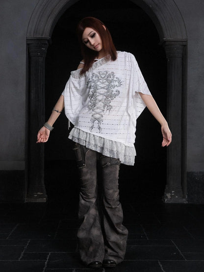 Punk Distressed Knit Denim Low Rise Flared Jeans