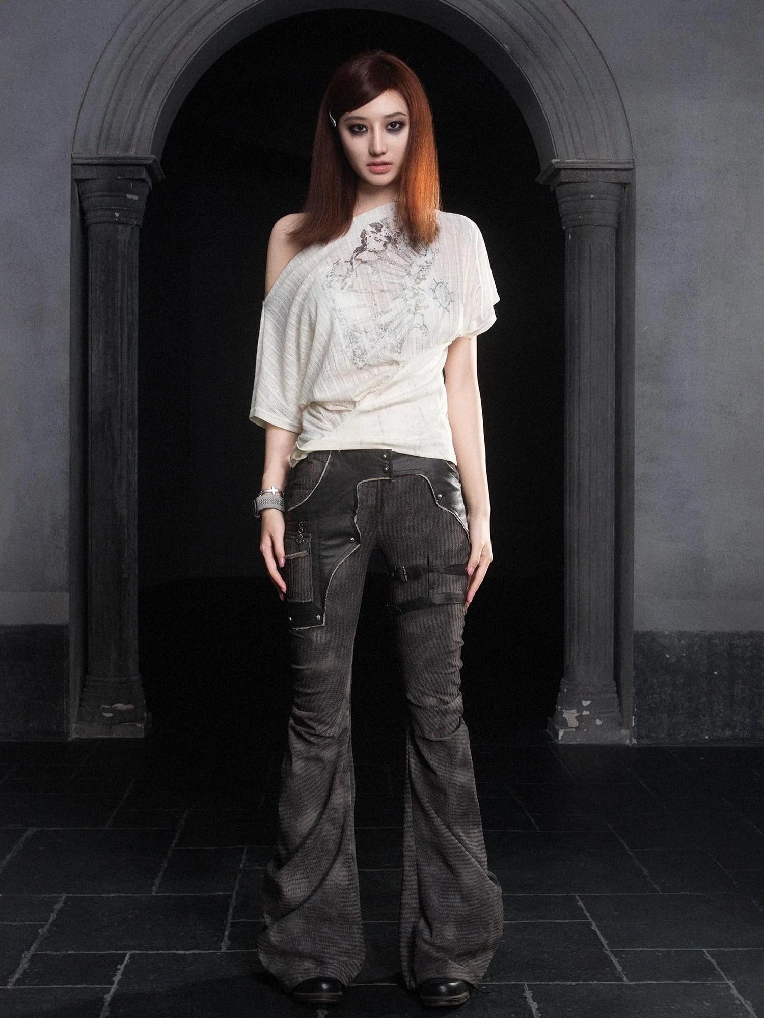 Punk Distressed Knit Denim Low Rise Flared Jeans