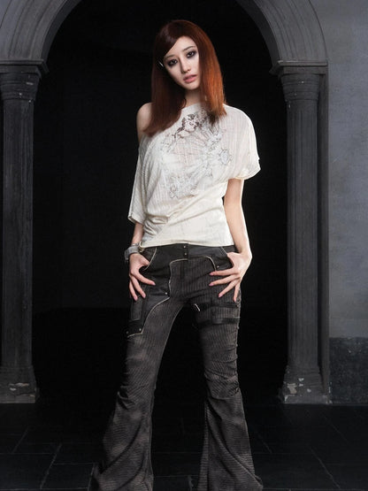 Punk Distressed Knit Denim Low Rise Flared Jeans