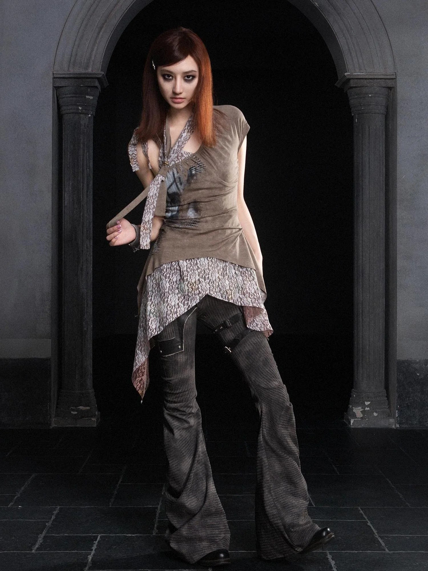 Punk Distressed Knit Denim Low Rise Flared Jeans