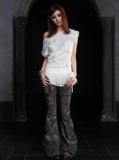 Punk Distressed Knit Denim Low Rise Flared Jeans