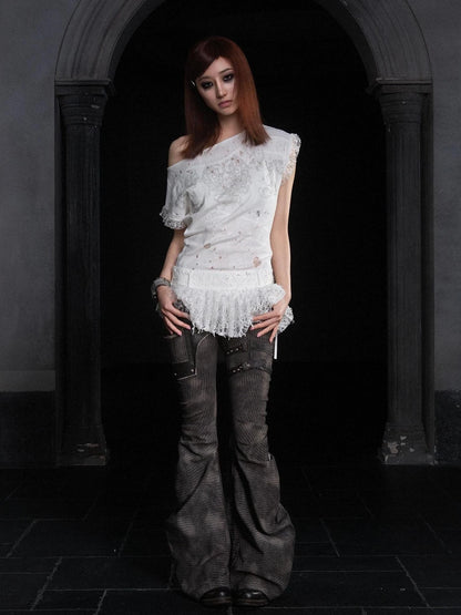 Punk Distressed Knit Denim Low Rise Flared Jeans