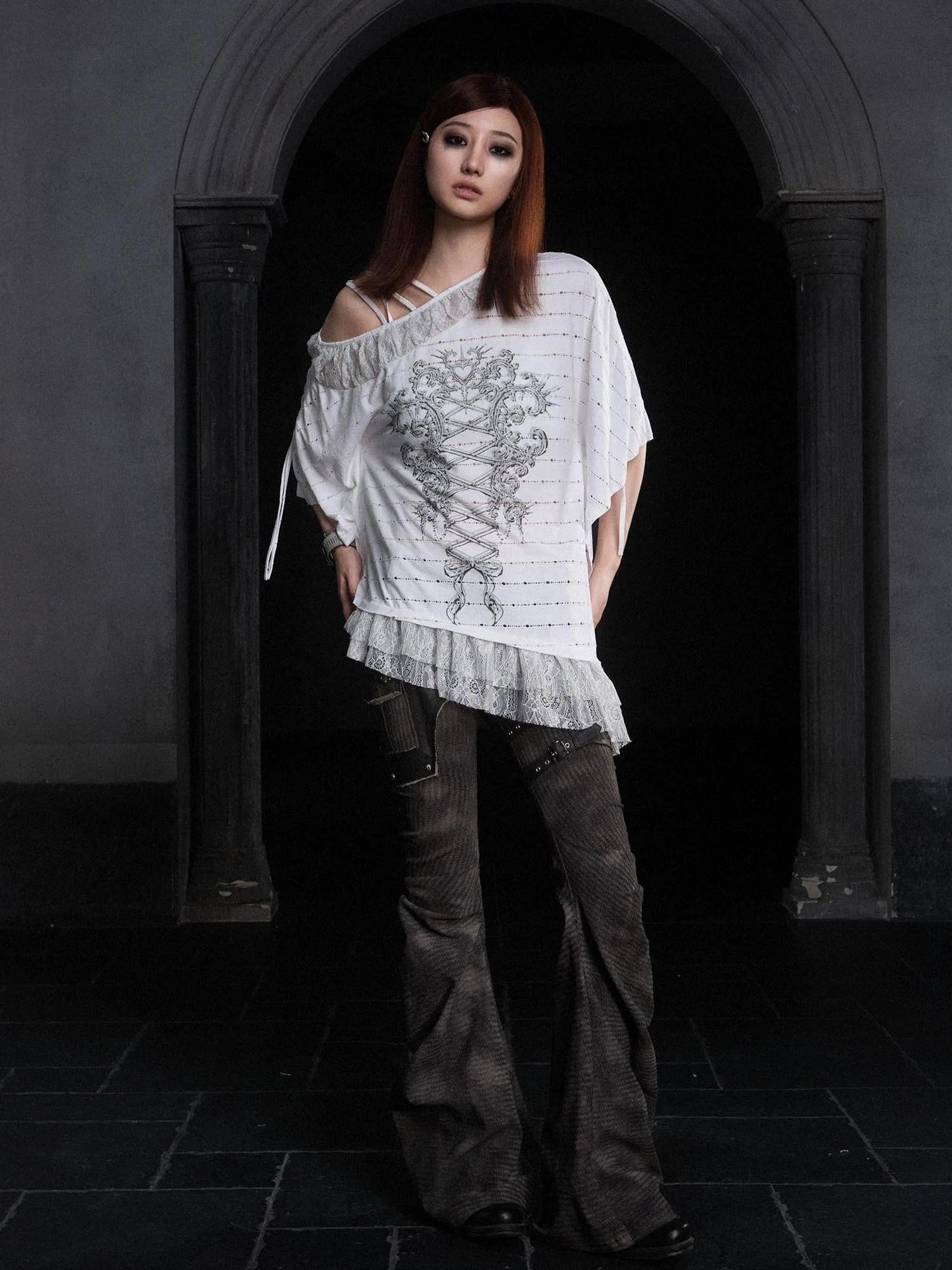 Punk Distressed Knit Denim Low Rise Flared Jeans