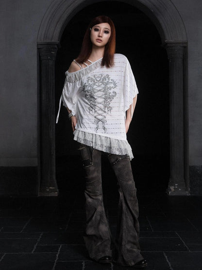 Punk Distressed Knit Denim Low Rise Flared Jeans