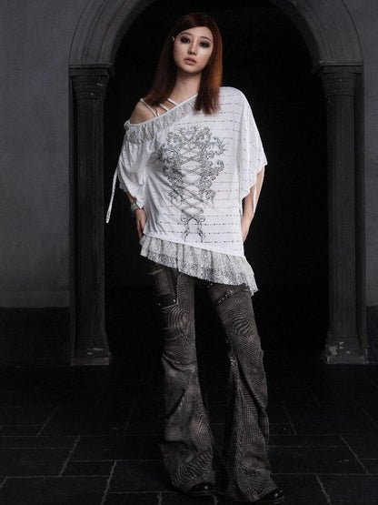 ARIADNAw Punk Distressed Knit Denim Low Rise Flared Jeans