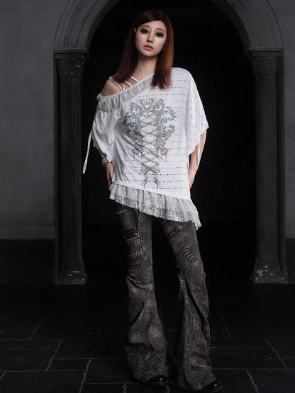 Punk Distressed Knit Denim Low Rise Flared Jeans