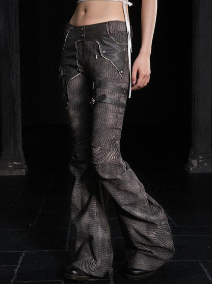 Punk Distressed Knit Denim Low Rise Flared Jeans