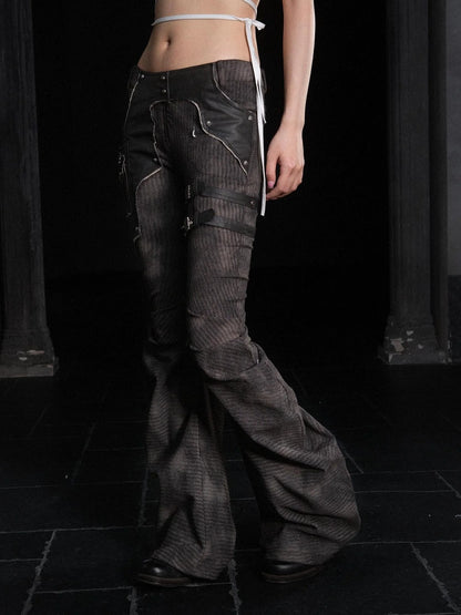 Punk Distressed Knit Denim Low Rise Flared Jeans