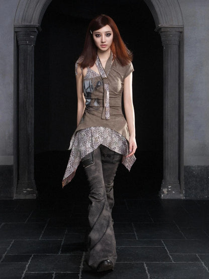 Punk Distressed Knit Denim Low Rise Flared Jeans