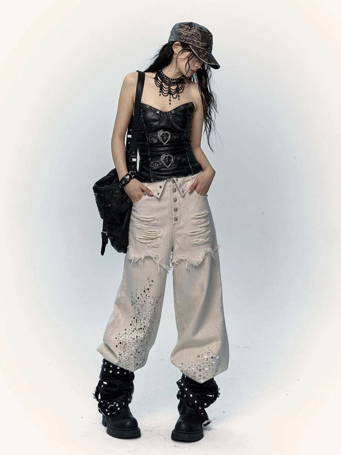 Punk Distressed Washed Silver Jeans Wide Leg Pants