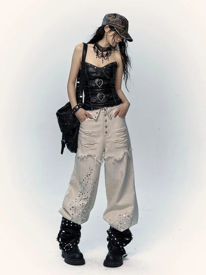 Punk Distressed Washed Silver Jeans Wide Leg Pants