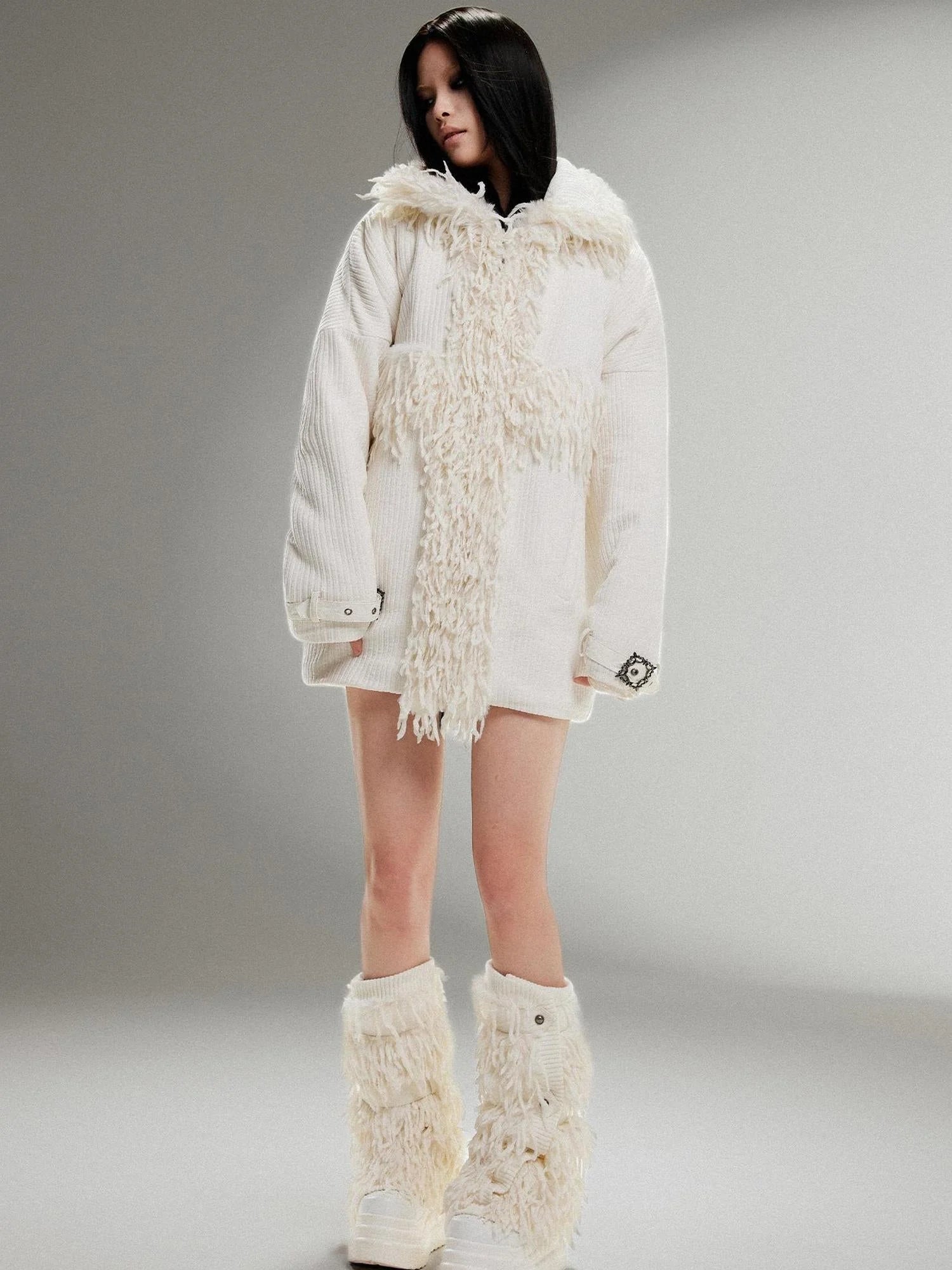 Punk Faux Fur Wool Lined Collar Coat Winter Oversize Mid Length