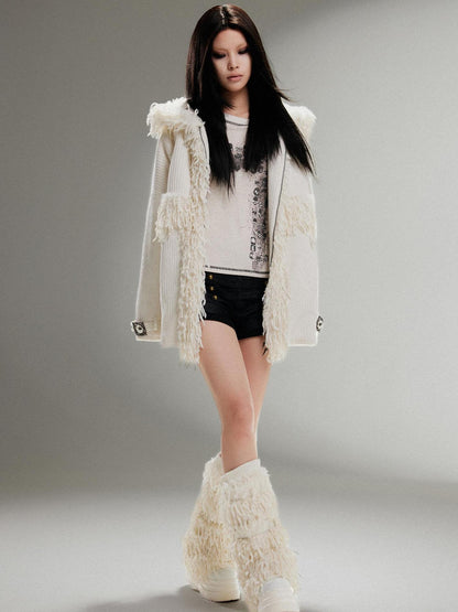 ARIADNAw Punk Faux Fur Wool Lined Collar Coat Winter Oversize Mid Length