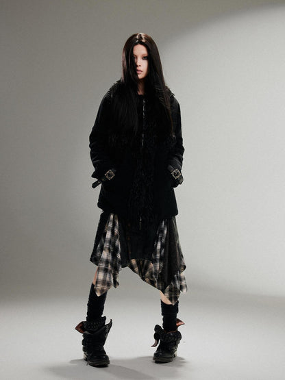 ARIADNAw Punk Faux Fur Wool Lined Collar Coat Winter Oversize Mid Length