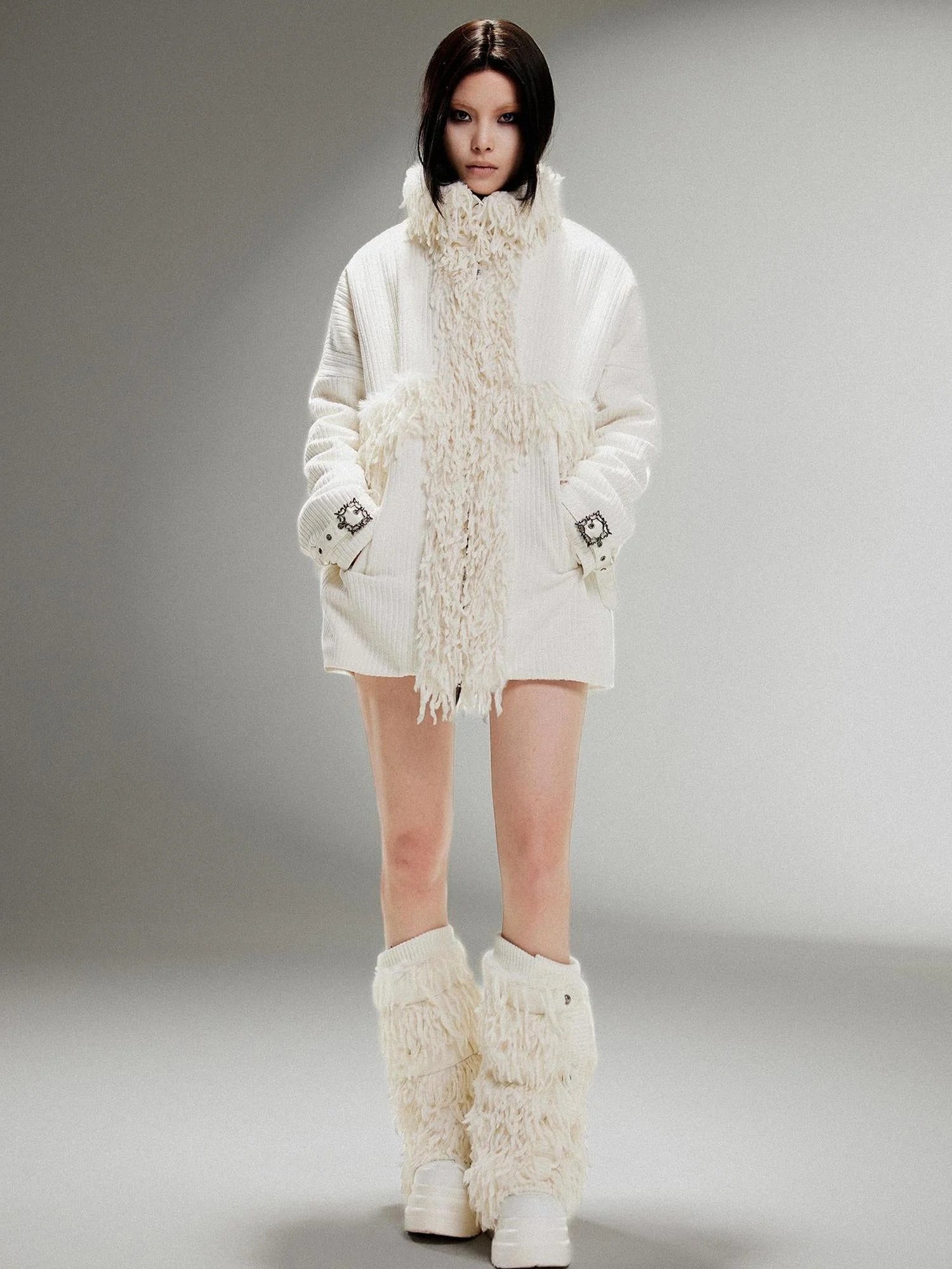 Punk Faux Fur Wool Lined Collar Coat Winter Oversize Mid Length