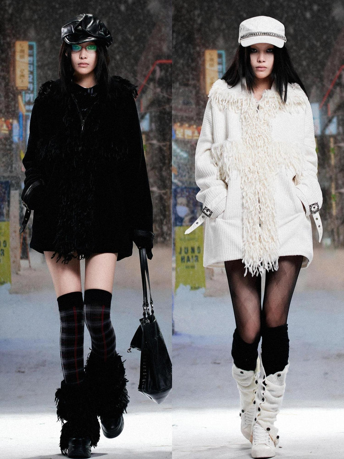 ARIADNAw Punk Faux Fur Wool Lined Collar Coat Winter Oversize Mid Length