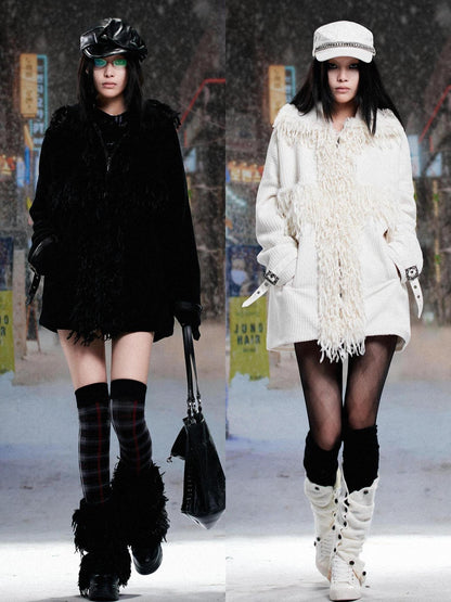 ARIADNAw Punk Faux Fur Wool Lined Collar Coat Winter Oversize Mid Length