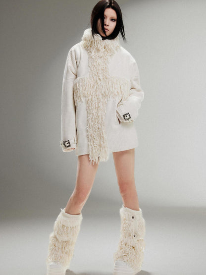 ARIADNAw Punk Faux Fur Wool Lined Collar Coat Winter Oversize Mid Length