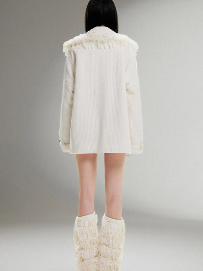 Punk Faux Fur Wool Lined Collar Coat Winter Oversize Mid Length