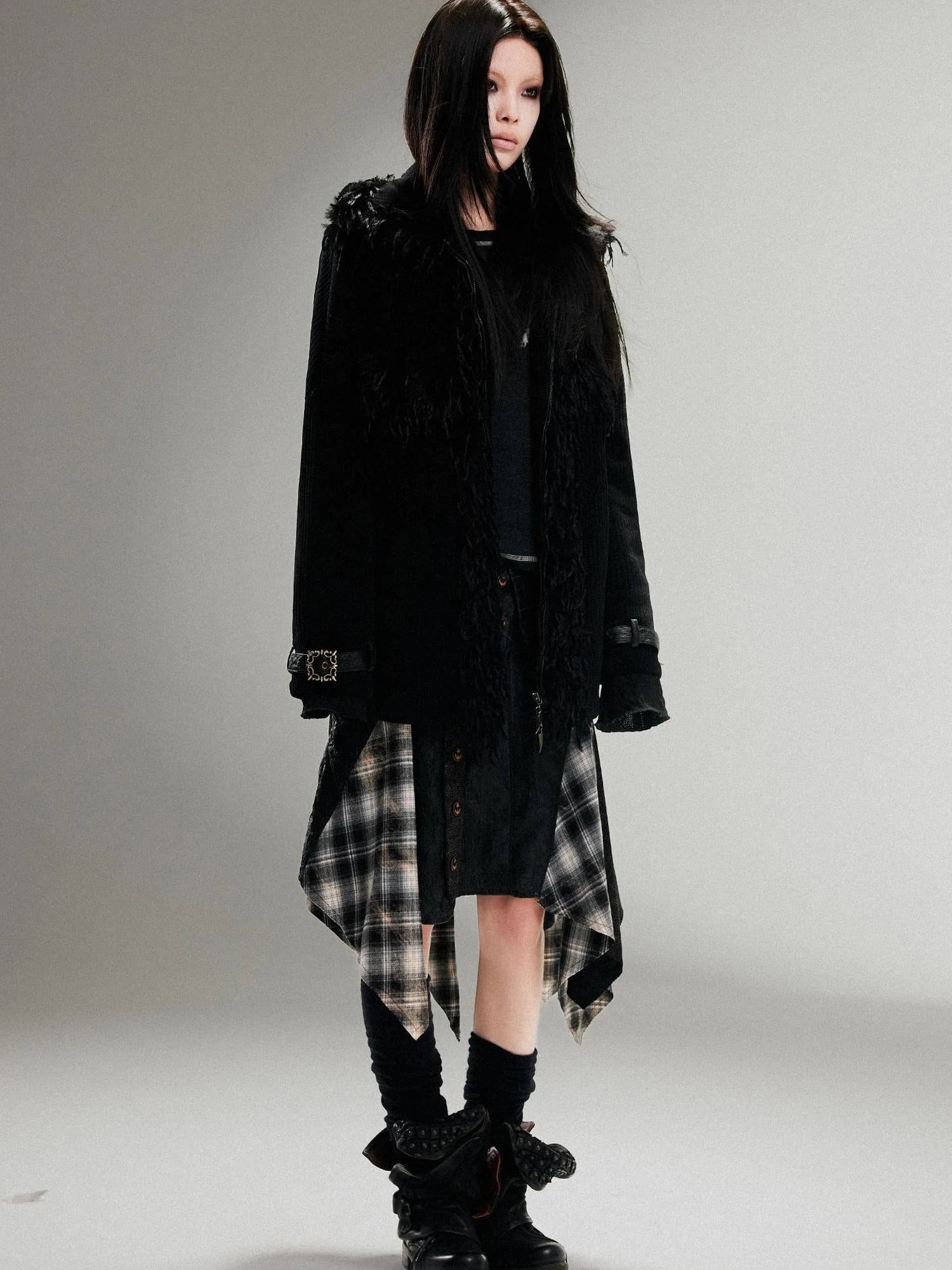 Punk Faux Fur Wool Lined Collar Coat Winter Oversize Mid Length