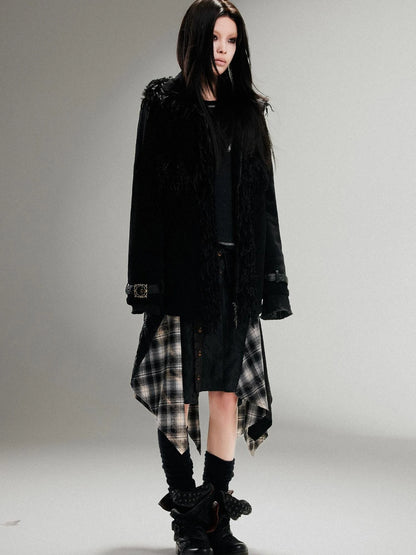 Punk Faux Fur Wool Lined Collar Coat Winter Oversize Mid Length