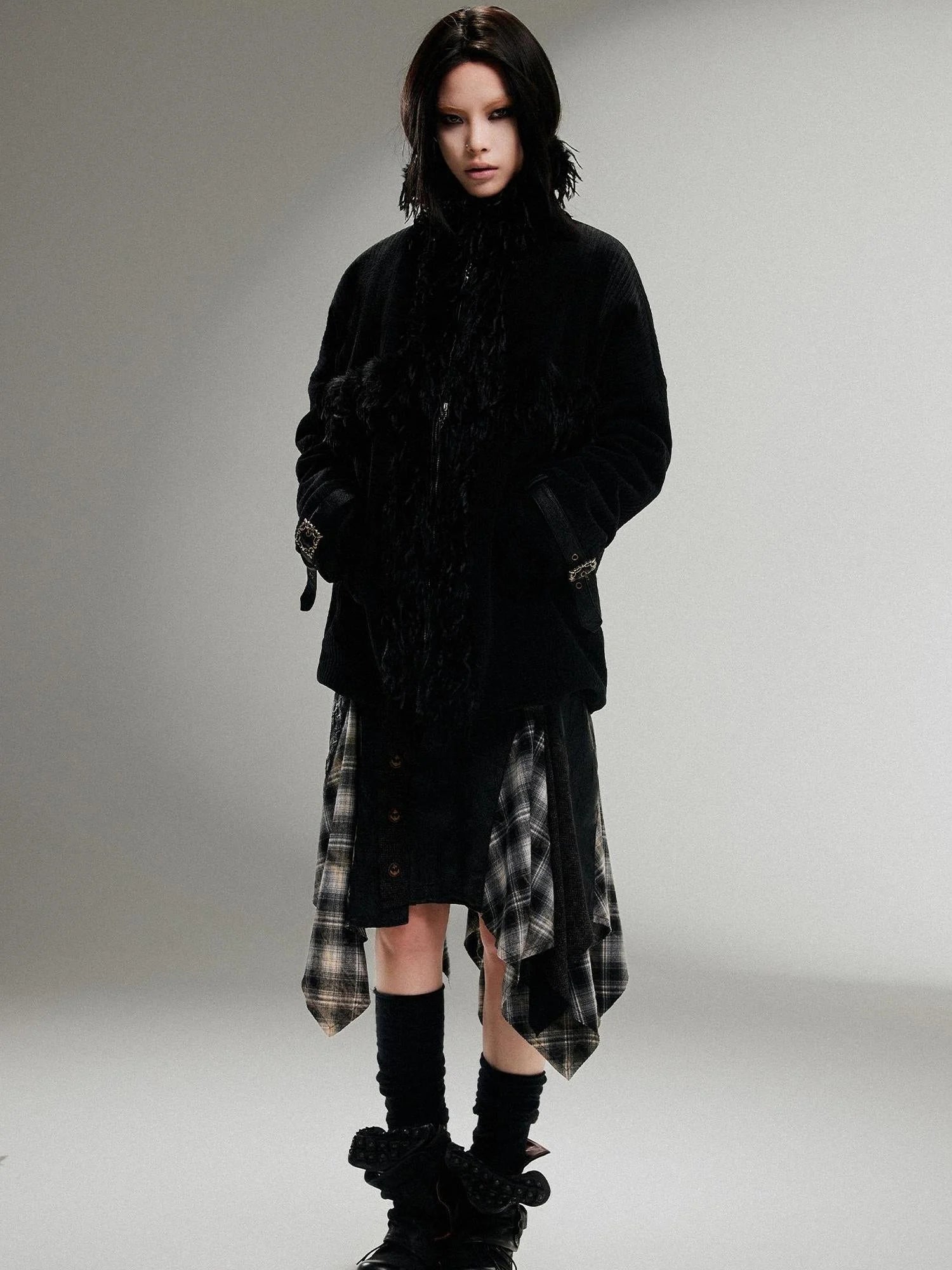 Punk Faux Fur Wool Lined Collar Coat Winter Oversize Mid Length