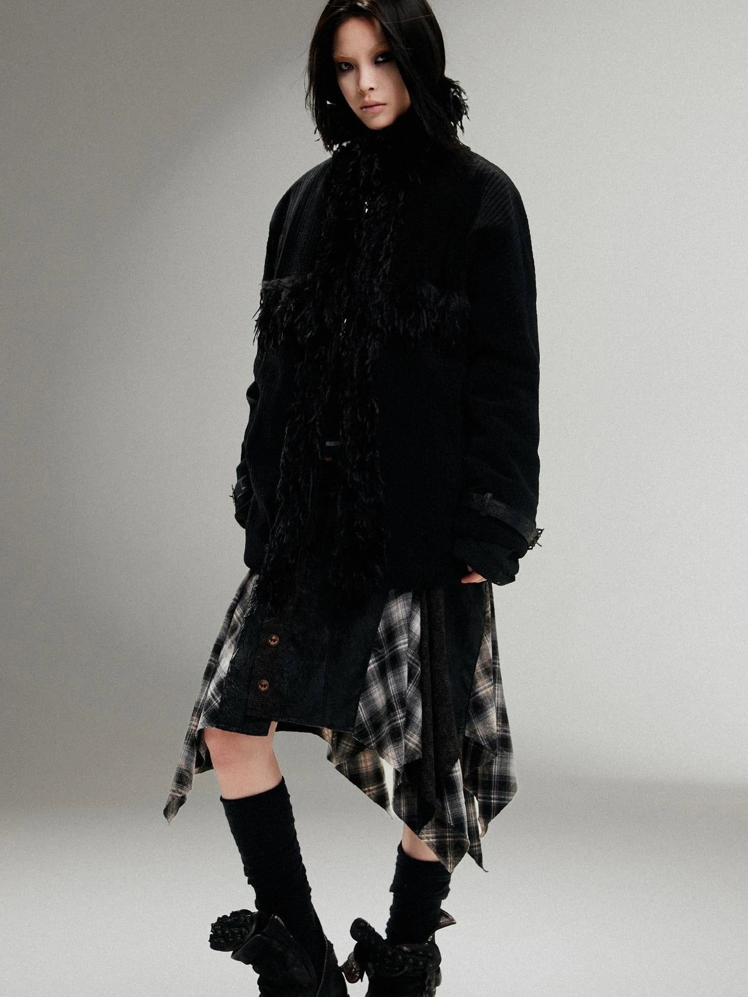 Punk Faux Fur Wool Lined Collar Coat Winter Oversize Mid Length