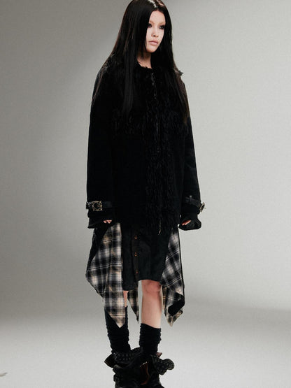 ARIADNAw Punk Faux Fur Wool Lined Collar Coat Winter Oversize Mid Length
