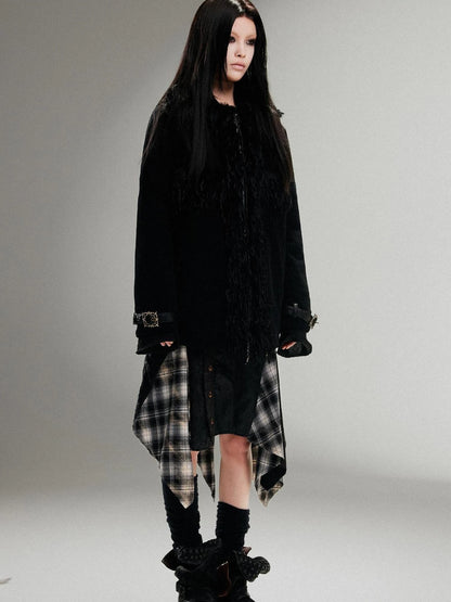 Punk Faux Fur Wool Lined Collar Coat Winter Oversize Mid Length