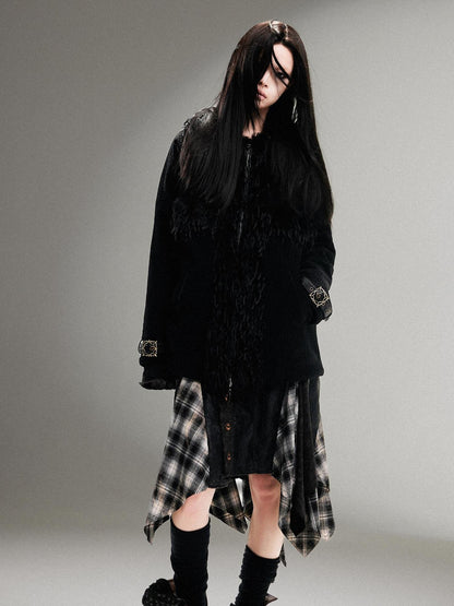 ARIADNAw Punk Faux Fur Wool Lined Collar Coat Winter Oversize Mid Length