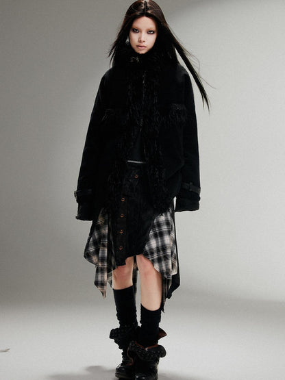 ARIADNAw Punk Faux Fur Wool Lined Collar Coat Winter Oversize Mid Length