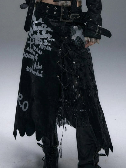 Punk Gothic Lace Asymmetrical Leather Skirt Dresses
