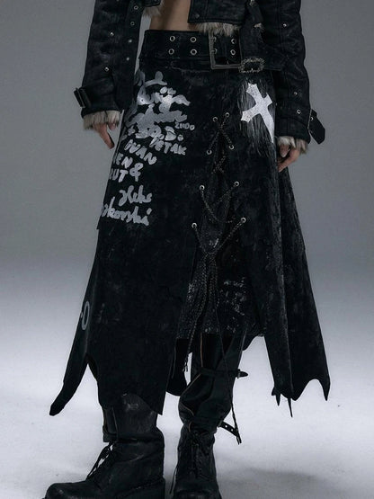 Punk Gothic Lace Asymmetrical Leather Skirt Dresses