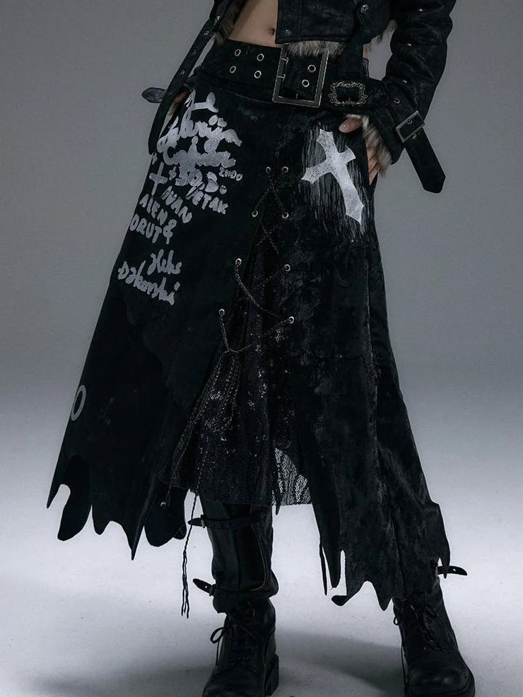 Punk Gothic Lace Asymmetrical Leather Skirt Dresses