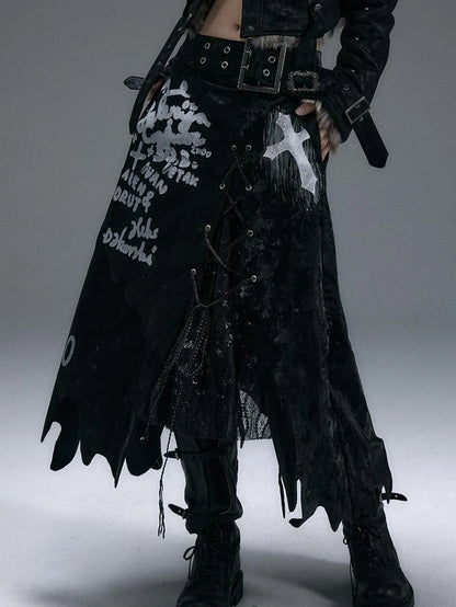 Punk Gothic Lace Asymmetrical Leather Skirt Dresses