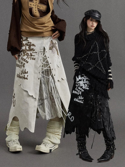 Punk Gothic Lace Asymmetrical Leather Skirt Dresses