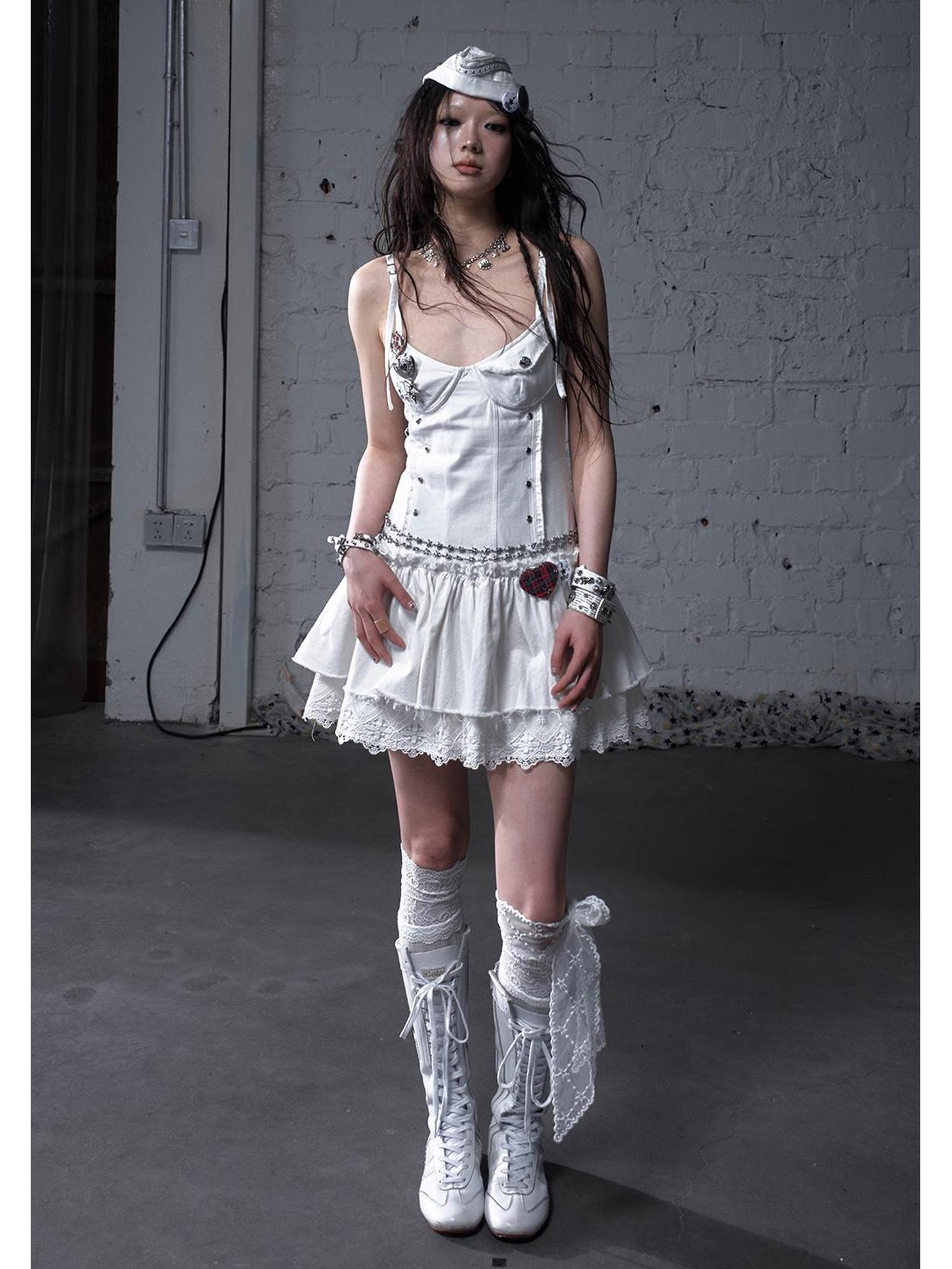NO ROMANCE Punk Gothic Lace Trim Mini Puff Dress