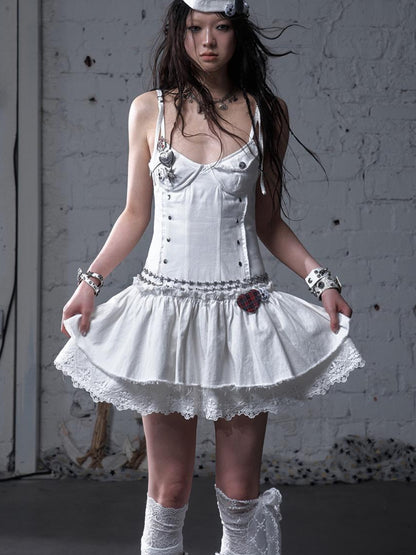 NO ROMANCE Punk Gothic Lace Trim Mini Puff Dress