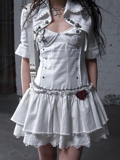 NO ROMANCE Punk Gothic Lace Trim Mini Puff Dress