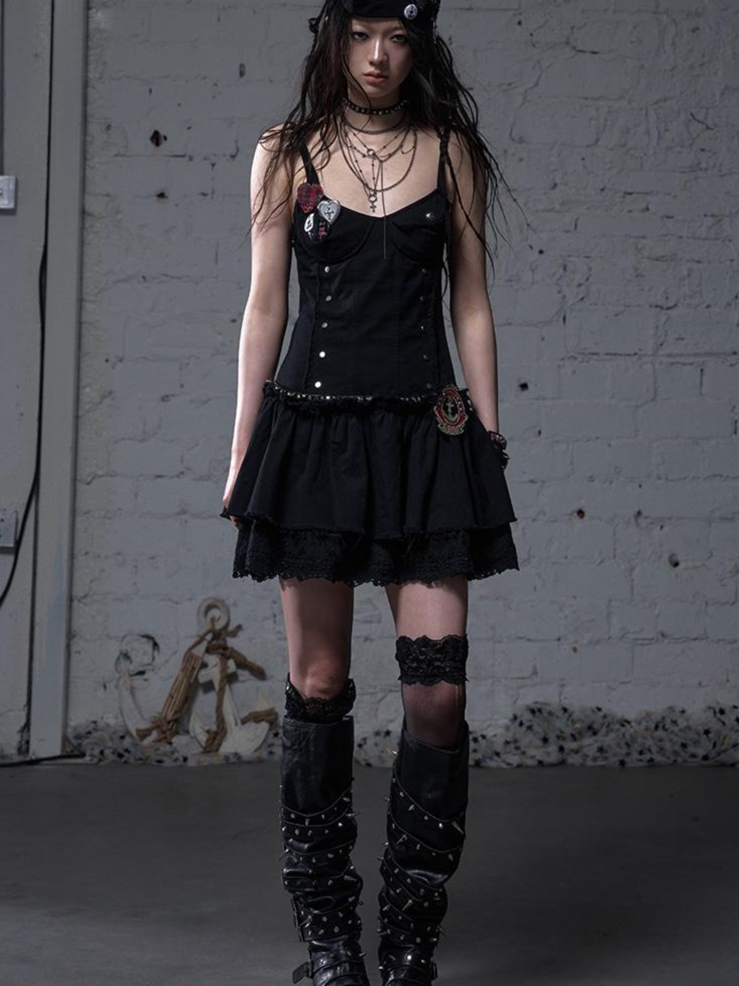 NO ROMANCE Punk Gothic Lace Trim Mini Puff Dress
