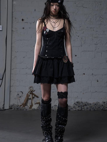 NO ROMANCE Punk Gothic Lace Trim Mini Puff Dress