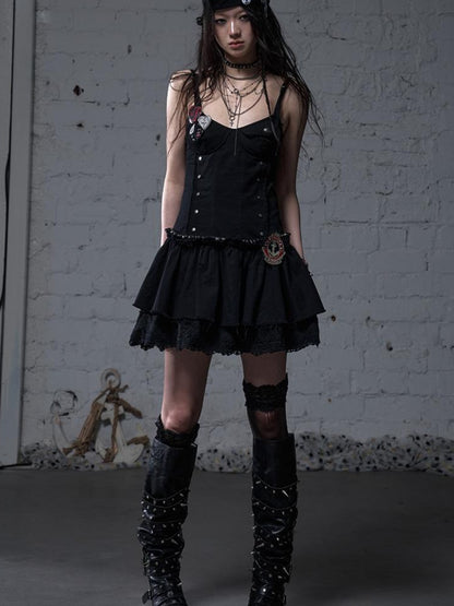 NO ROMANCE Punk Gothic Lace Trim Mini Puff Dress