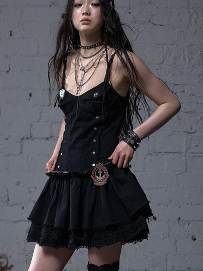 NO ROMANCE Punk Gothic Lace Trim Mini Puff Dress