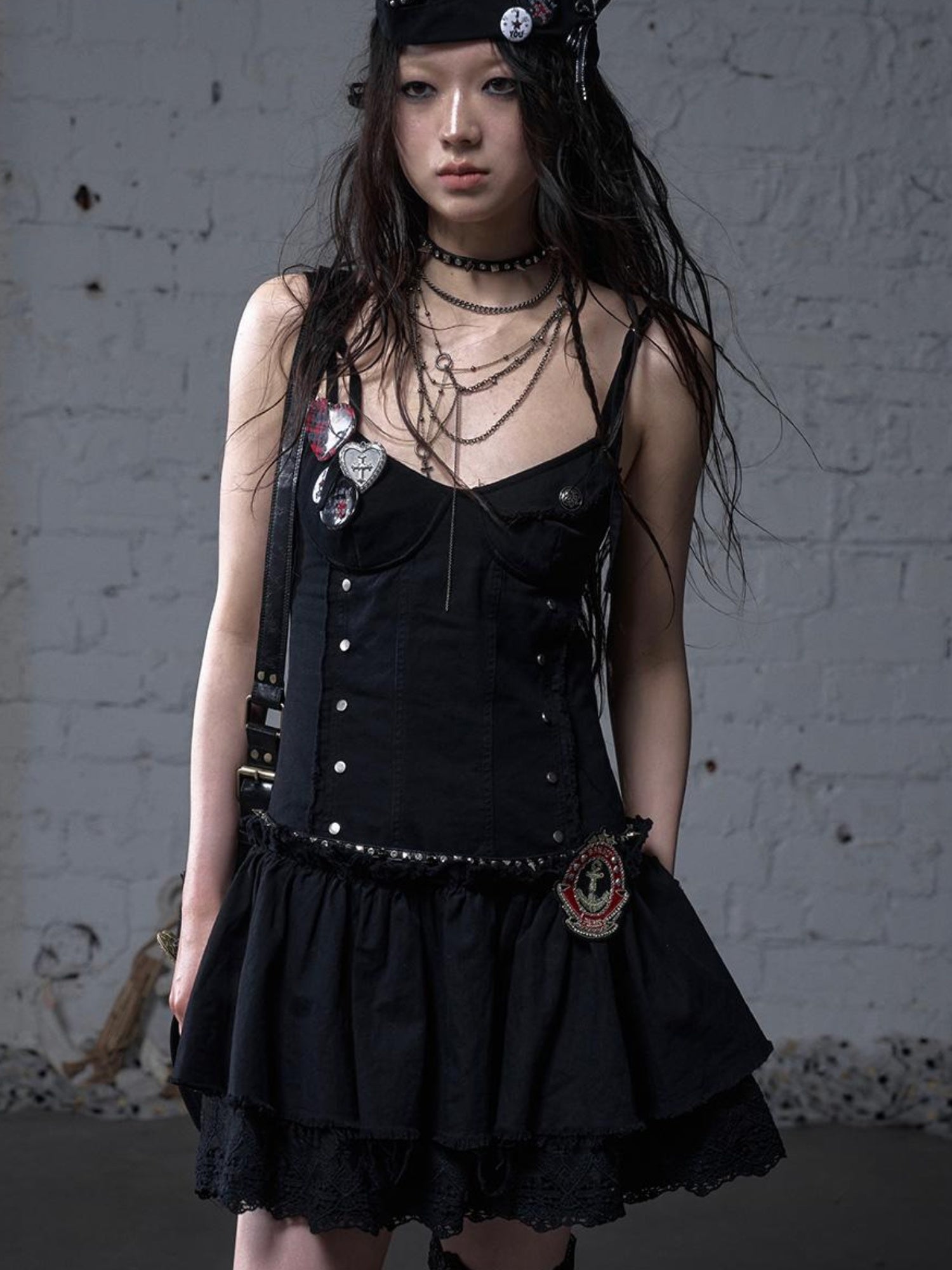 NO ROMANCE Punk Gothic Lace Trim Mini Puff Dress