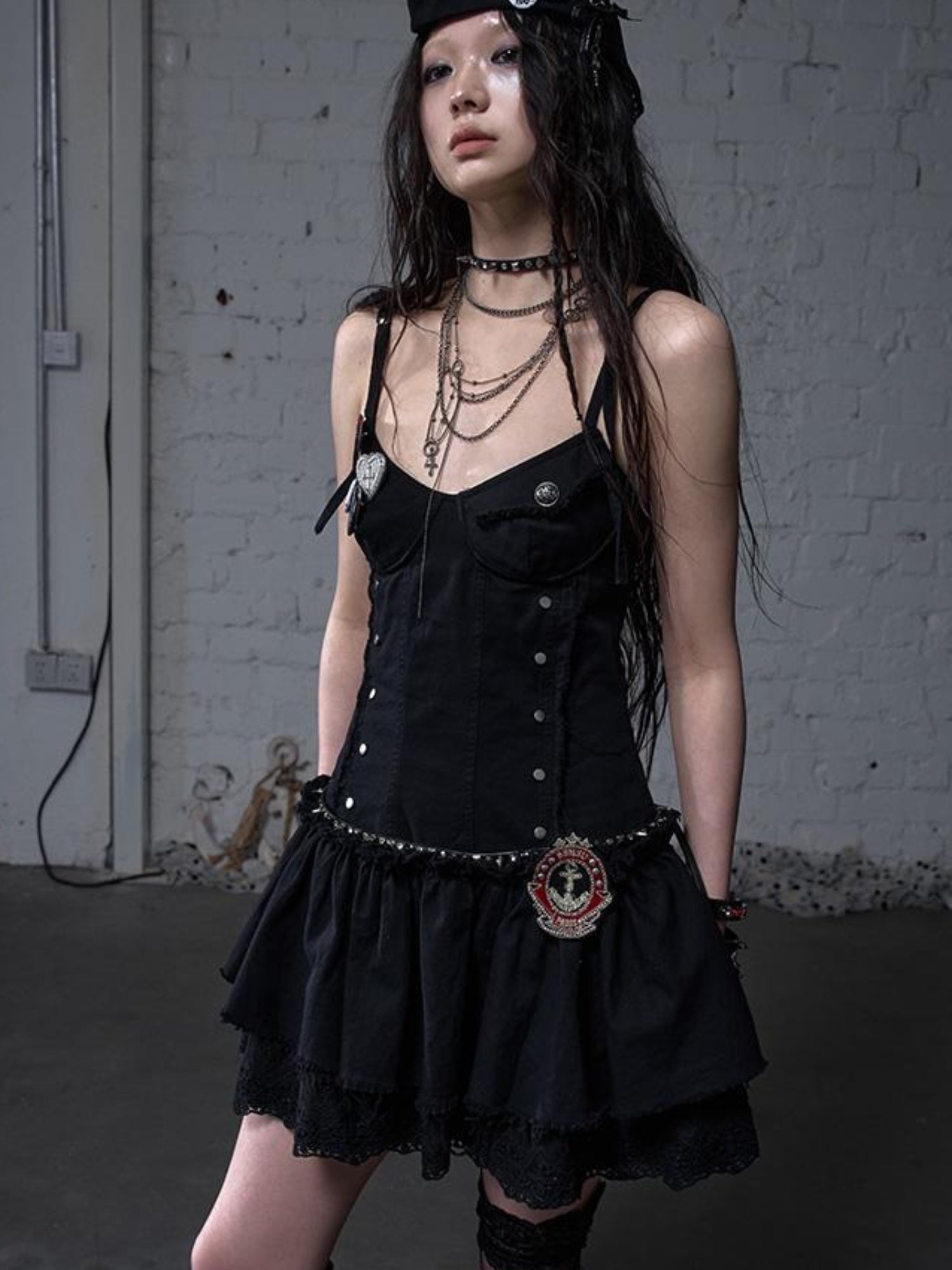 NO ROMANCE Punk Gothic Lace Trim Mini Puff Dress