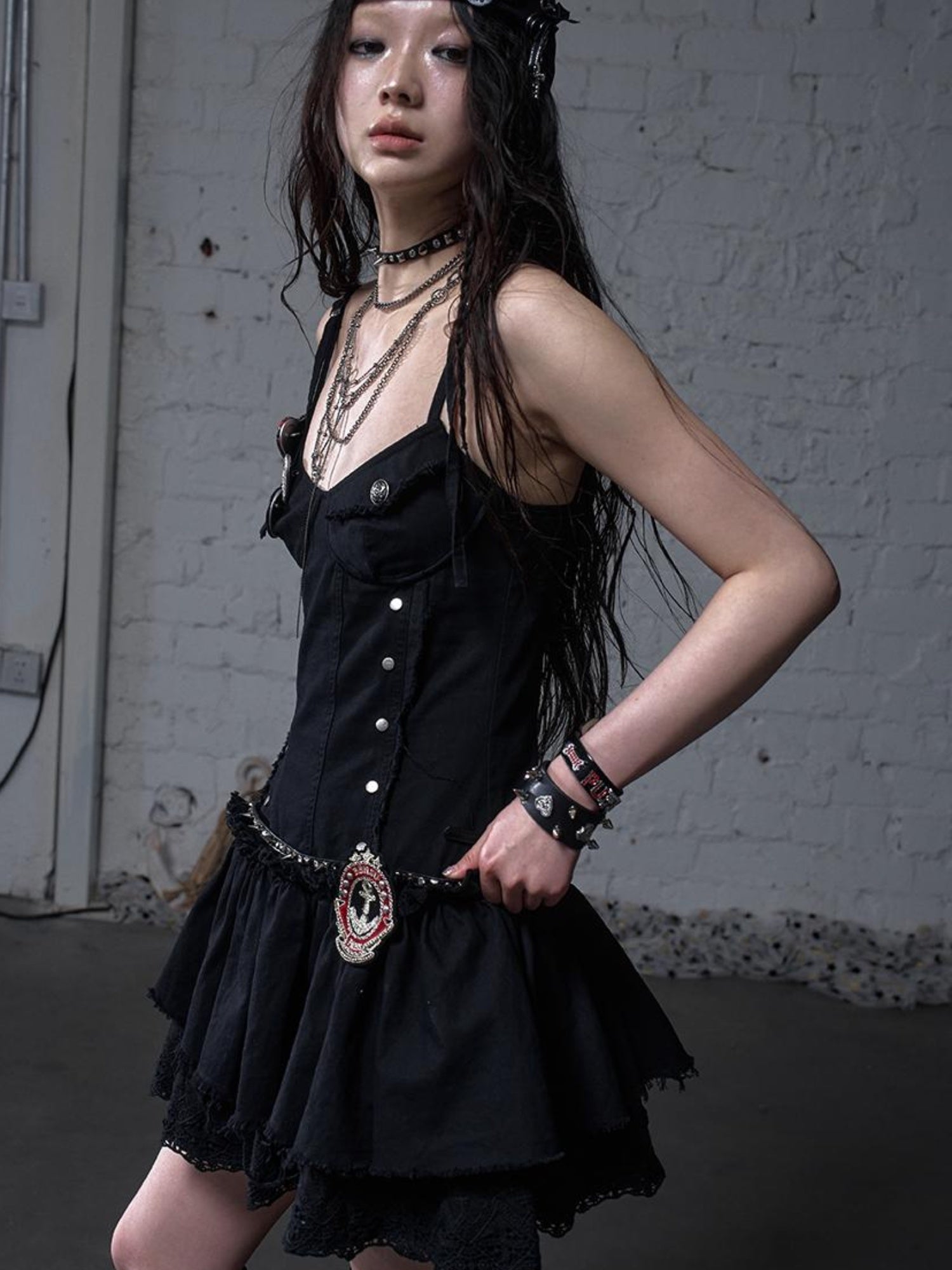 NO ROMANCE Punk Gothic Lace Trim Mini Puff Dress