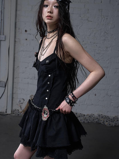 NO ROMANCE Punk Gothic Lace Trim Mini Puff Dress