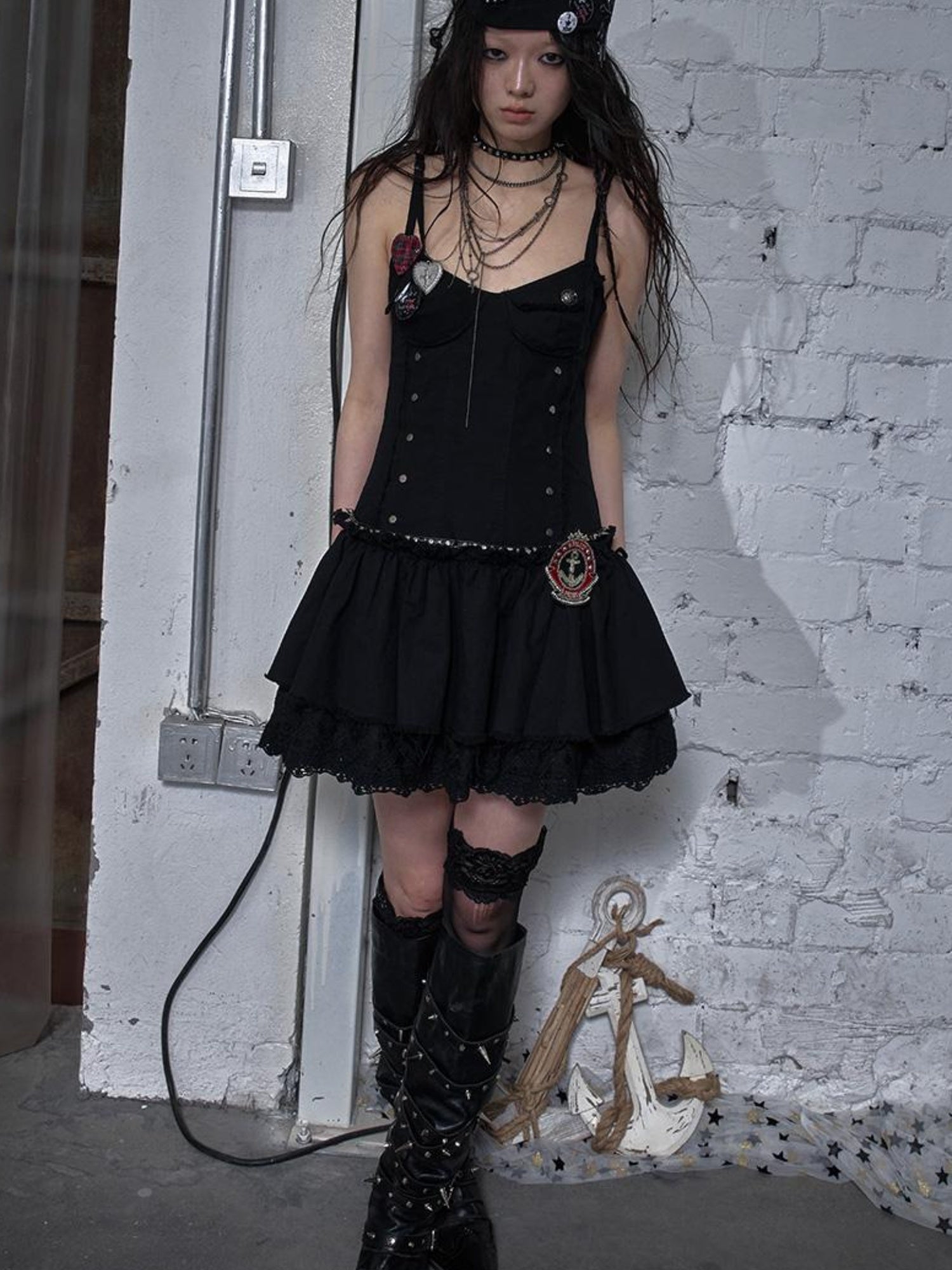 NO ROMANCE Punk Gothic Lace Trim Mini Puff Dress