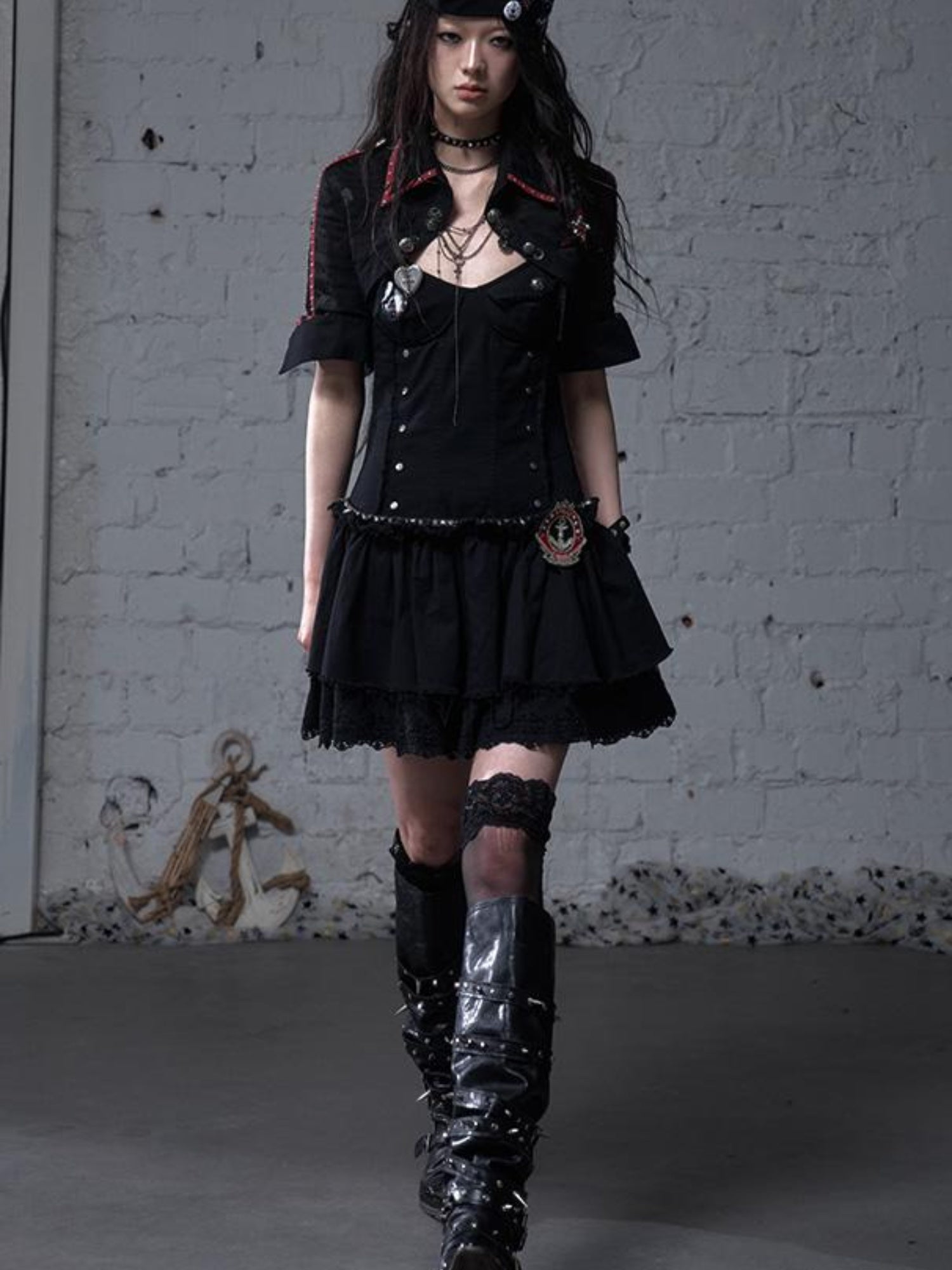 NO ROMANCE Punk Gothic Lace Trim Mini Puff Dress