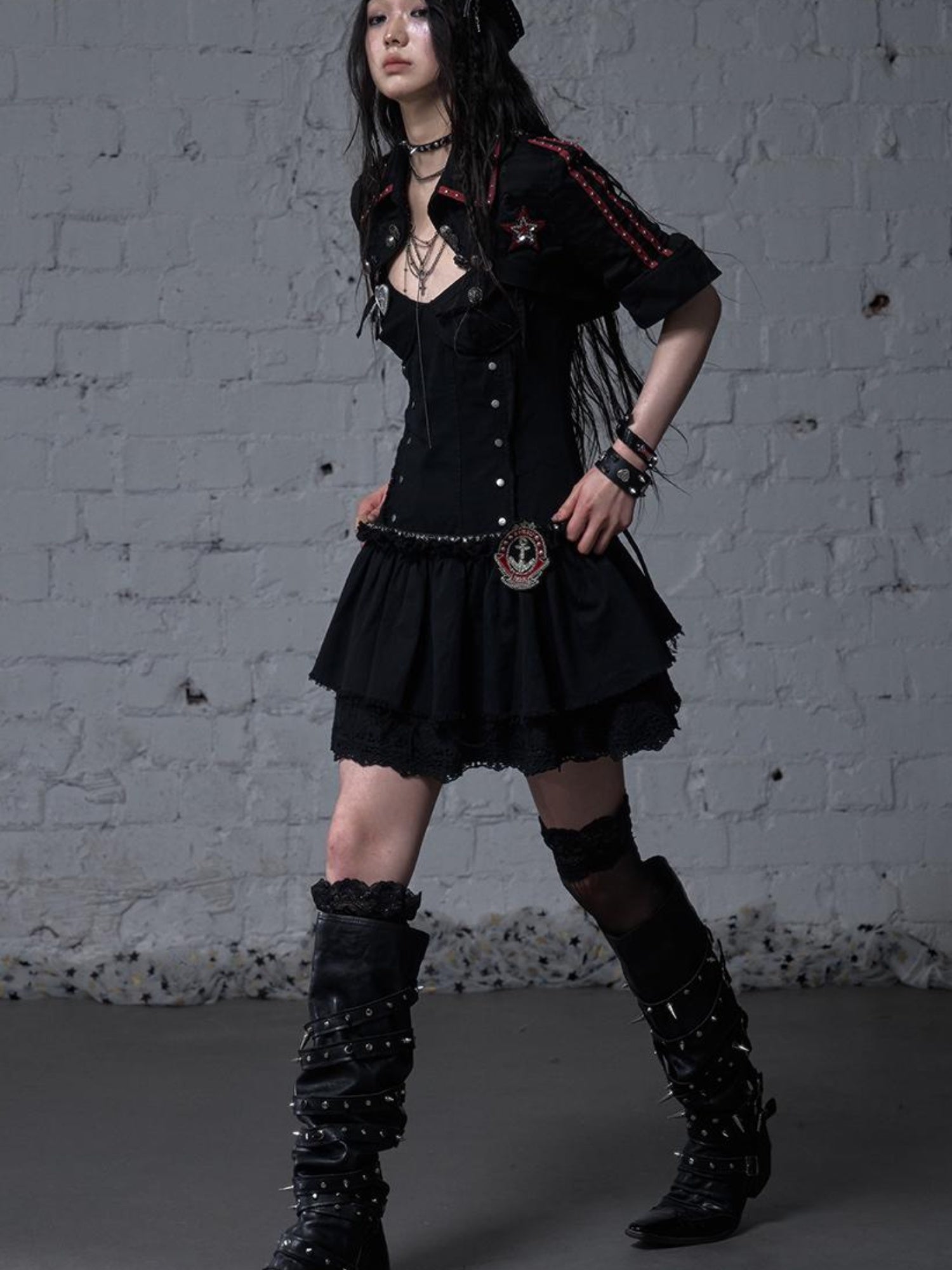 NO ROMANCE Punk Gothic Lace Trim Mini Puff Dress